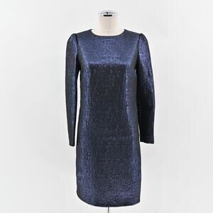 ARIANA ROCKEFELLER Dress Size‎ 0 Silk Black Blue Metallic Long Sleeve Shift Silk